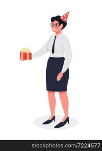Happy office worker with gift semi flat color vector character. Full body person on white. Holiday celebration isolated modern cartoon style illustration for graphic design and animation. Happy office worker with gift semi flat color vector character