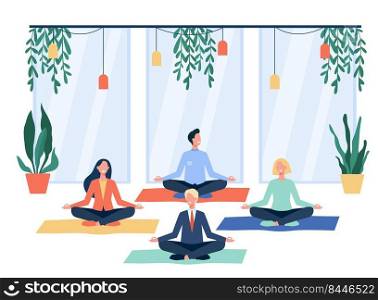 Happy office workers doing yoga, sitting in lotus pose on mats and meditating. Employees exercising during break. For mindfulness, stress relief, lifestyle concept
