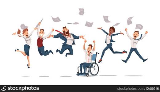 Happy Office Workers Jumping up. Office Fun. People Work in Office. Happy Workers in Workplace. Corporate Culture in Company. Cheerful Working Day. Colleagues at Work. Vector Illustration.. Happy Office Workers Jumping. Vector Illustration.
