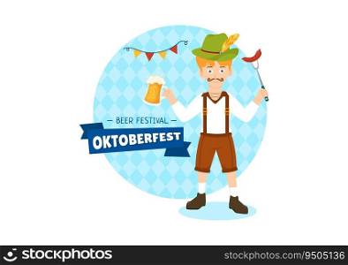 Happy Oktoberfest Party Festival Vector Illustration with Beer, Sausage, Gingerbread, German Flag and ets Background Flat Cartoon Hand Drawn Templates