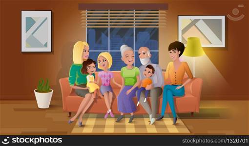 Happy Old Age Cartoon Vector Concept with Smiling Senior Couple Sitting on Sofa, Holding Grandchildren on Knees, Gathering Together with Adult Daughters at Living Room Illustration. Family generations