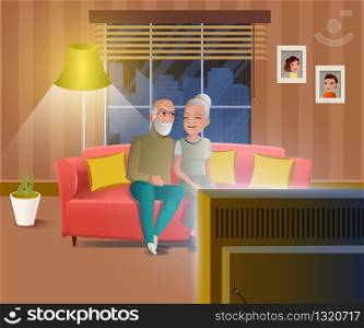 Happy Old Age Cartoon Vector Concept with Smiling Senior Couple Spending Time Together at Home, Watching Evening TV Show While Siting on Sofa in Cozy Living Room Illustration. Resting Retired People