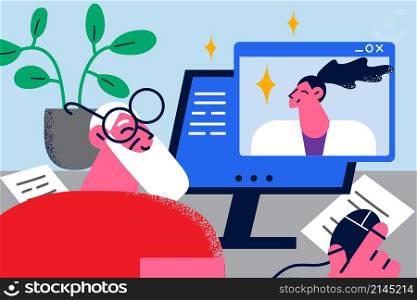Happy old grandfather talk speak on video call with doctor from hospital. Smiling senior man have webcam digital event or communication with GP on computer. Virtual consultation. Vector illustration. . Old man have webcam consultation on computer with doctor