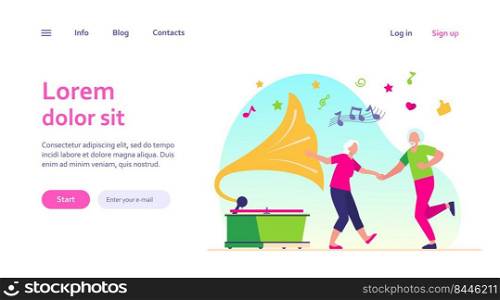 Happy old people dancing isolated flat vector illustration. Cartoon funny active elderly couple having fun together. Party, lifestyle and entertainment concept