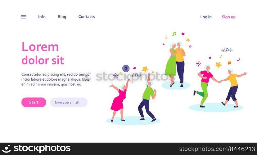 Happy old people dancing isolated flat vector illustration. Cartoon senior grandfathers and grandmothers having fun at party. Music and dancing club concept