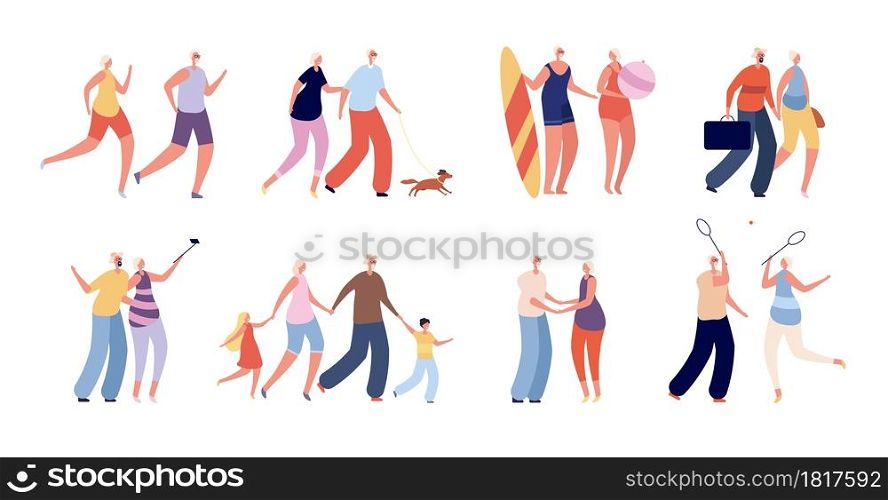Happy old people. Fun elderly couple, seniors active lifestyle. Healthy grandparents travel, shopping. Adult man woman together vector set. Grandmother and grandfather surfboard illustration. Happy old people. Fun elderly couple, seniors active lifestyle. Healthy grandparents travel, shopping. Adult man woman together vector set