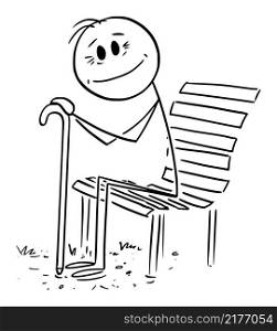 Happy old person or senior sitting bench in park and smiling, vector cartoon stick figure or character illustration.. Old Person Sitting on Park Bench and Smiling , Vector Cartoon Stick Figure Illustration