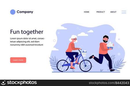 Happy old woman riding bike. Unhappy worried man running and holding sweet cupcake flat vector illustration. Activity, lifestyle, unhealthy food concept for banner, website design or landing web page
