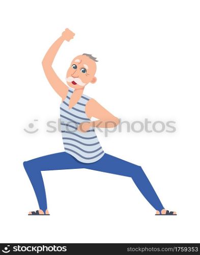Happy older dancing man. Cartoon senior age person. Isolated gray-haired male character doing sport exercises. Smiling grandfather performing active choreographic motion. Vector grandpa at disco party. Happy older dancing man. Cartoon senior age person. Gray-haired male character doing sport exercises. Smiling grandfather performing chariographic motion. Vector grandpa at disco party