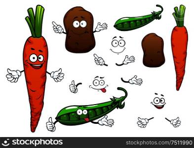 Happy orange carrot, brown potato and green pea pod vegetables cartoon characters isolated on white background for vegetarian food or agriculture theme. Carrot, potato and green pea vegetables