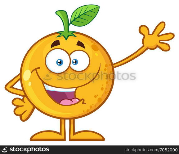 Happy Orange Fruit Cartoon Mascot Character Waving For Greeting. Illustration Isolated On White Background