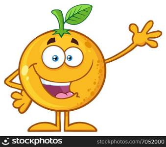 Happy Orange Fruit Cartoon Mascot Character Waving For Greeting. Illustration Isolated On White Background