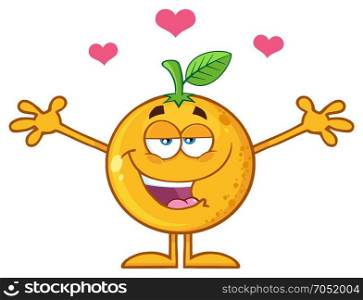 Happy Orange Fruit Cartoon Mascot Character With Hearts And With Open Arms For Hugging. Illustration Isolated On White Background