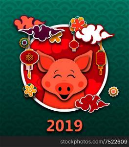 Happy Oriental Card for Chinese New Year 2019, Cartoon Pig, Lanterns, Clouds - Illustration Vector. Happy Oriental Card for Chinese New Year 2019, Cartoon Pig, Lanterns, Clouds