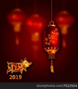 Happy Oriental Card for Chinese New Year 2019, Lantern and Golden Pig - Illustration Vector. Happy Oriental Card for Chinese New Year 2019, Lantern and Golden Pig