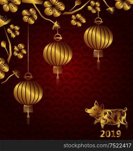 Happy Oriental Card for Chinese New Year 2019, Lanterns, Sakura Blossom Flowers and Golden Pig - Illustration Vector. Happy Oriental Card for Chinese New Year 2019, Lanterns, Sakura Blossom Flowers and Golden Pig