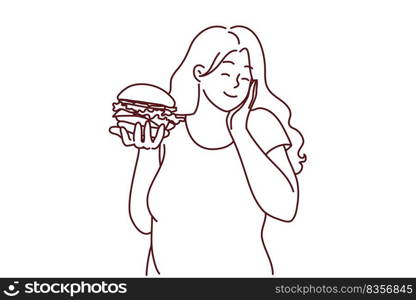 Happy overweight woman holding burger excited about fast food. Smiling fat girl eating fatty unhealthy hamburger. Diet and nutrition. Vector illustration.. Smiling overweight woman with burger