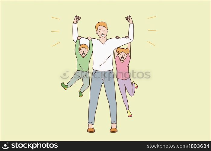 Happy parenthood and childhood concept. Young smiling man father dad cartoon character standing holding happy children son and daughter on hands vector illustration . Happy parenthood and childhood concept