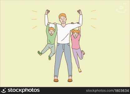 Happy parenthood and childhood concept. Young smiling man father dad cartoon character standing holding happy children son and daughter on hands vector illustration . Happy parenthood and childhood concept