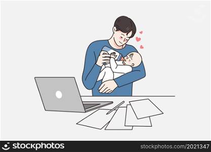 Happy parenthood and fatherhood concept. Young positive loving father sitting at laptop working and feeding his small newborn baby with milk from bottle vector illustration . Happy parenthood and fatherhood concept.