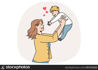 Happy parenthood and motherhood concept. Smiling young woman mother standing and holding her small baby boy reaching for her feeling love vector illustration. Happy parenthood and motherhood concept
