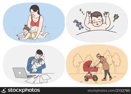 Happy parenting and childhood concept. Set of babies toddlers infants learning to swim sleeping eating milk and communicating with parents walking in park vector illustration. Happy parenting and childhood concept