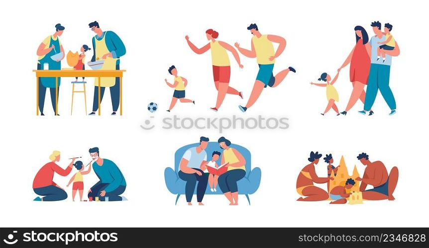 Happy parents and kids spending time together, family activities. Father, mother and child cooking food, playing, reading books vector set. Characters having recreation and fun, doing sport. Happy parents and kids spending time together, family activities. Father, mother and child cooking food, playing, reading books vector set