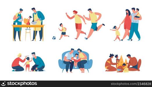 Happy parents and kids spending time together, family activities. Father, mother and child cooking food, playing, reading books vector set. Characters having recreation and fun, doing sport. Happy parents and kids spending time together, family activities. Father, mother and child cooking food, playing, reading books vector set