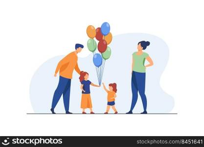Happy parents and little girls with air balloons. Birthday, daughter, mom flat vector illustration. Celebration and holiday concept for banner, website design or landing web page