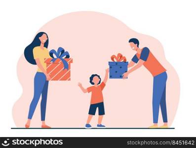 Happy parents giving gifts to son. Boy receiving birthday presents flat vector illustration. Surprise, Christmas, childhood concept for banner, website design or landing web page