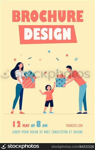 Happy parents giving gifts to son. Boy receiving birthday presents flat vector illustration. Surprise, Christmas, childhood concept for banner, website design or landing web page