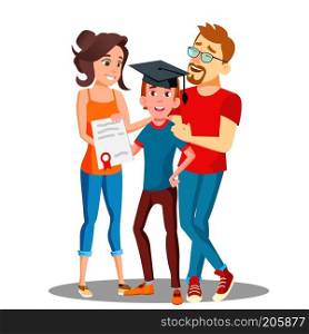 Happy Parents Standing Behind The Student With Diploma And Graduate Cap Vector. Illustration. Happy Parents Standing Behind The Student With Diploma And Graduate Cap Vector. Isolated Illustration
