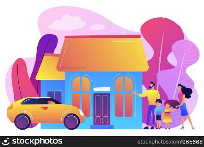Happy parents with children and detached house. Single-family detached home, family house, detached residence and single dwelling unit concept. Bright vibrant violet vector isolated illustration. Family house concept vector illustration.