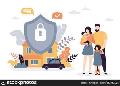 Happy parents with children. Family portrait. Property,car and Insurance protection shield. Assurance plan, contract of full insurance coverage concept background. Vector illustration