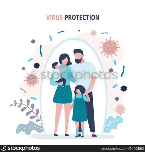 Happy parents with children is protected from viruses and diseases. Good immunity, vaccination and a healthy lifestyle. Family portrait in trendy style. Flat vector illustration