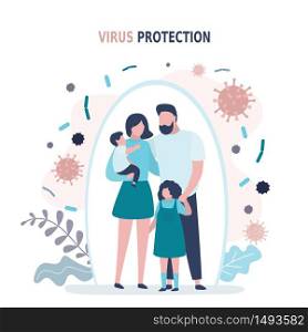 Happy parents with children is protected from viruses and diseases. Good immunity, vaccination and a healthy lifestyle. Family portrait in trendy style. Flat vector illustration