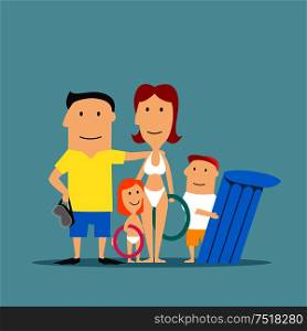Happy parents with daughter and son in swimwear with inflatable swim rings and float on summer vacation. Family summer vacation, weekend getaway or travel concept design. Cartoon style. Happy family in swimwear on summer vacation