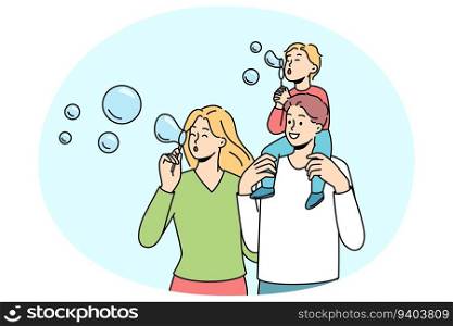 Happy parents with kid have fun together outdoors blowing bubbles. Smiling family with small child soap bubble blowing in park on weekend. Vector illustration.. Happy family with kid blowing bubbles