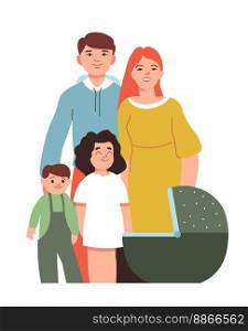 Happy parents with kids, dad and mom with perambulator and newborn child in it. Mother and father with boy son and girl daughter. Portrait of family of five people. Vector in flat style illustration. Family parents and children, newborn kid in pram