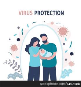 Happy parents with newborn baby is protected from viruses and diseases. Good immunity, vaccination and a healthy lifestyle. Family portrait in trendy style. Flat vector illustration