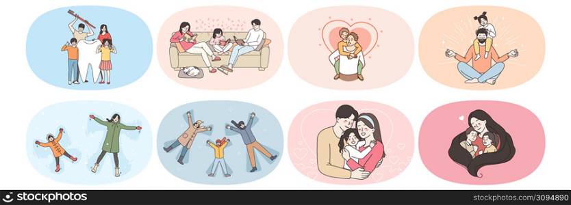 Happy parents with small children have fun relax together on winter holidays at home and outdoor. Smiling family with kids play rest on lockdown or quarantine show love. Flat vector illustration, set.. Smiling parents and children relax on winter holidays