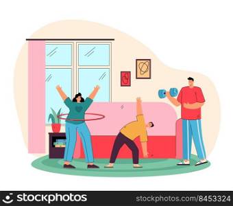 Happy parents with son doing exercises at home flat vector illustration. Cartoon mom, dad and kid training together in living room. Sport activity and family workout concept