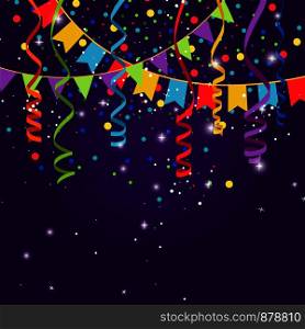 Happy party or festive blue background with flag garlands. Triangular flags, bunting confetti and paper serpentine strings for jubilee celebration. Vector illustration. Happy party or festive blue background