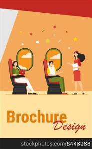 Happy passengers sitting and airplane near windows flat vector illustration. Cartoon flight attendant instructing travelers in plane. Journey, trip and tourism concept