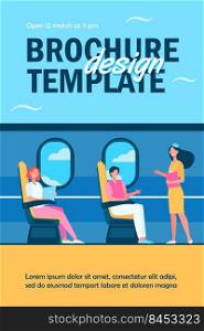 Happy passengers sitting and airplane near windows flat vector illustration. Cartoon flight attendant instructing travelers in plane. Journey, trip and tourism concept