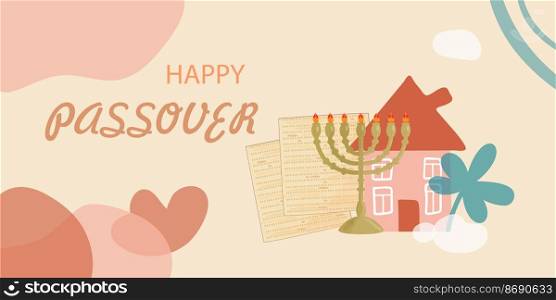 Happy Passover greeting card. Traditional jewish matzo, menorah and trendy geometric shapes.. Happy Passover greeting card. Traditional jewish matzo, menorah and trendy geometric shapes
