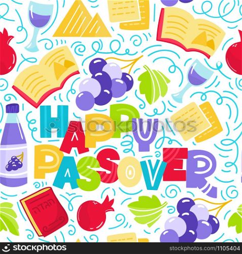Happy Passover seamless pattern Jewish holiday Pesach. Colorful Vector illustration doodle style. Isolated on white background.. Passover seamless pattern