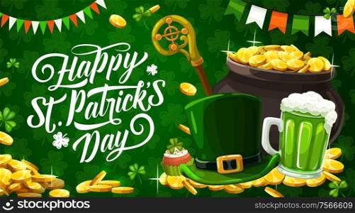 Happy Patricks day and Irish holiday traditional symbols. Vector green shamrock lucky clover, St Patrick stick, leprechaun gold coins in cauldron, Ireland flag and green ale beer mug. Patricks day Irish traditional holiday