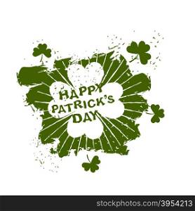Happy Patricks day emblem grunge style. Four leaf clover clover. Trace of brush. Logo fo national holiday of Ireland&#xA;