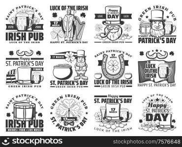 Happy Patricks day greeting and party beer pub icons. Vector Saint Patrick with shamrock clover leaf, leprechaun in hat with beard and mustache, coins cauldron and horseshoe with stars, drum and hat. Patricks Irish holiday icons, pub signs